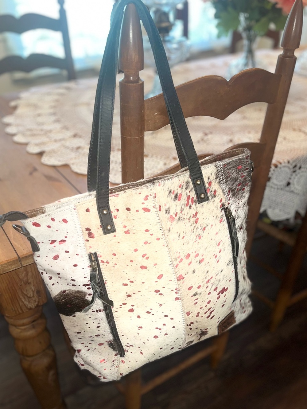 American Darling Speckled Cowhide Tote Bag with Brown Leather Straps - Picture 2 of 14